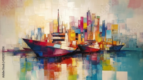 Vivid cityscape painting featuring colorful buildings reflecting in the water with docked vessels and boats, using expressive brus