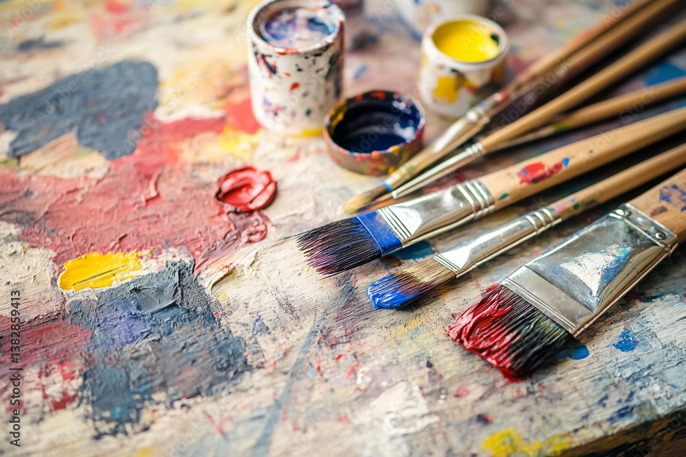 Fototapeta premium Colorful chaos with paint cans and brushes on a wooden surface in an artist's studio