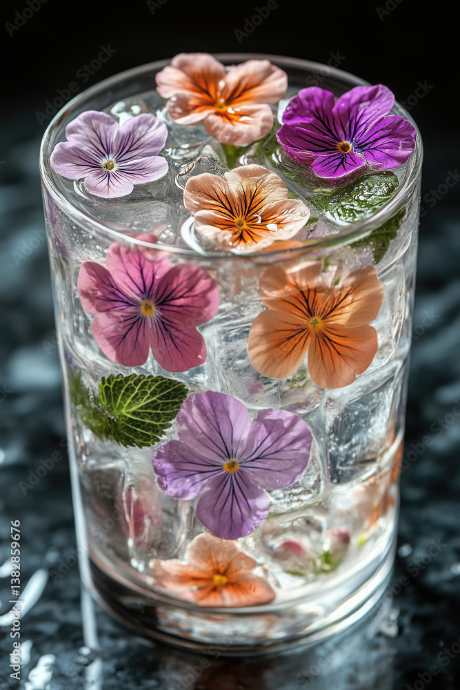 Refreshing beverage with colorful edible flowers and ice cubes