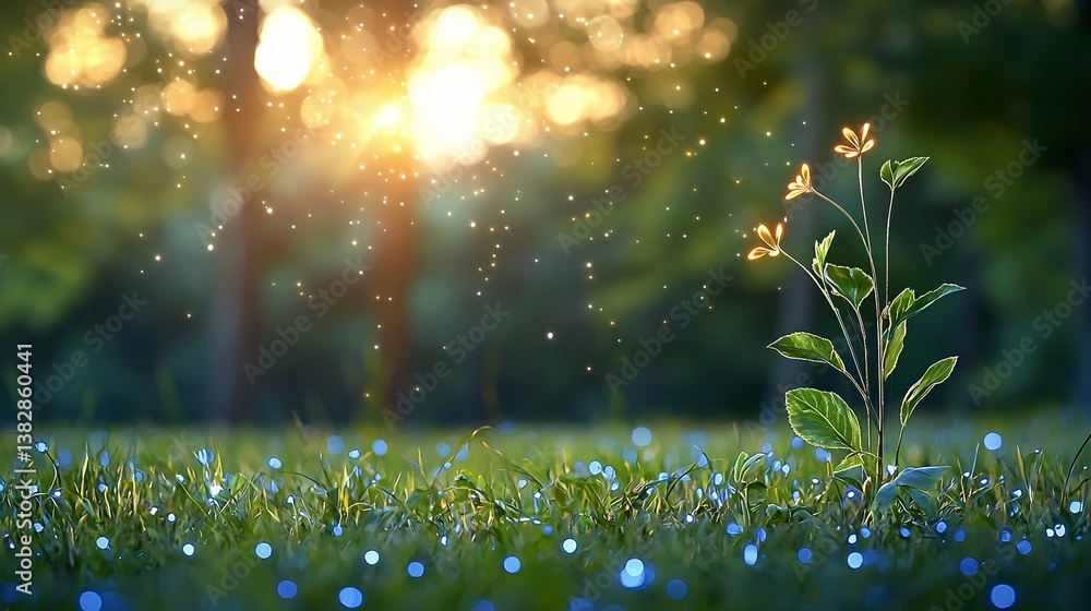 A plant glowing on green grass with bokeh light, standing out in the soft sunlit field A plant glowing on green grass with bokeh light, standing out in the soft sunlit field
