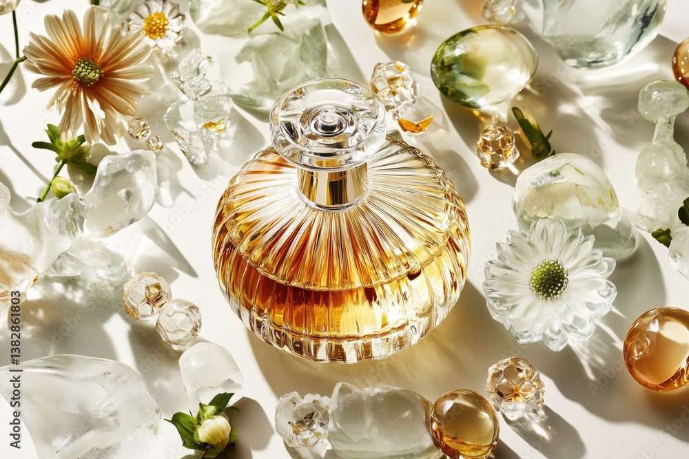 Elegant perfume bottle surrounded by ice and flowers