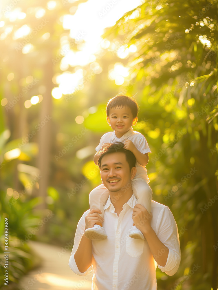 Father carries son on his shoulders during a sunny day