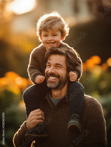 Obraz na płótnie Father and son share joyful moment outdoors during golden hour w salonie