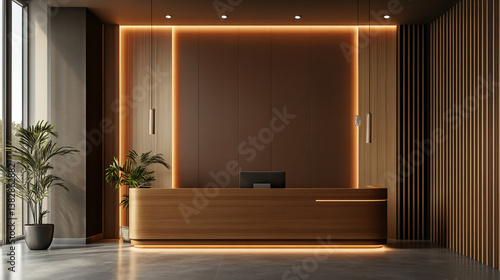 Modern reception area with wooden desk and brown wall in office interior. 3D