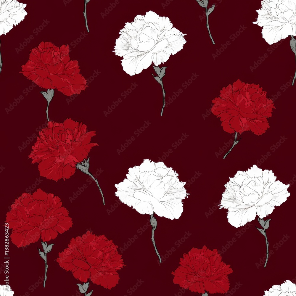 Fototapeta premium Seamless Floral Pattern Featuring Red and White Carnations on a Dark Burgundy Background