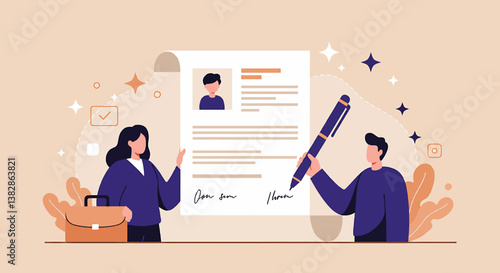 Signing a contract, business agreement illustration, job application, legal document