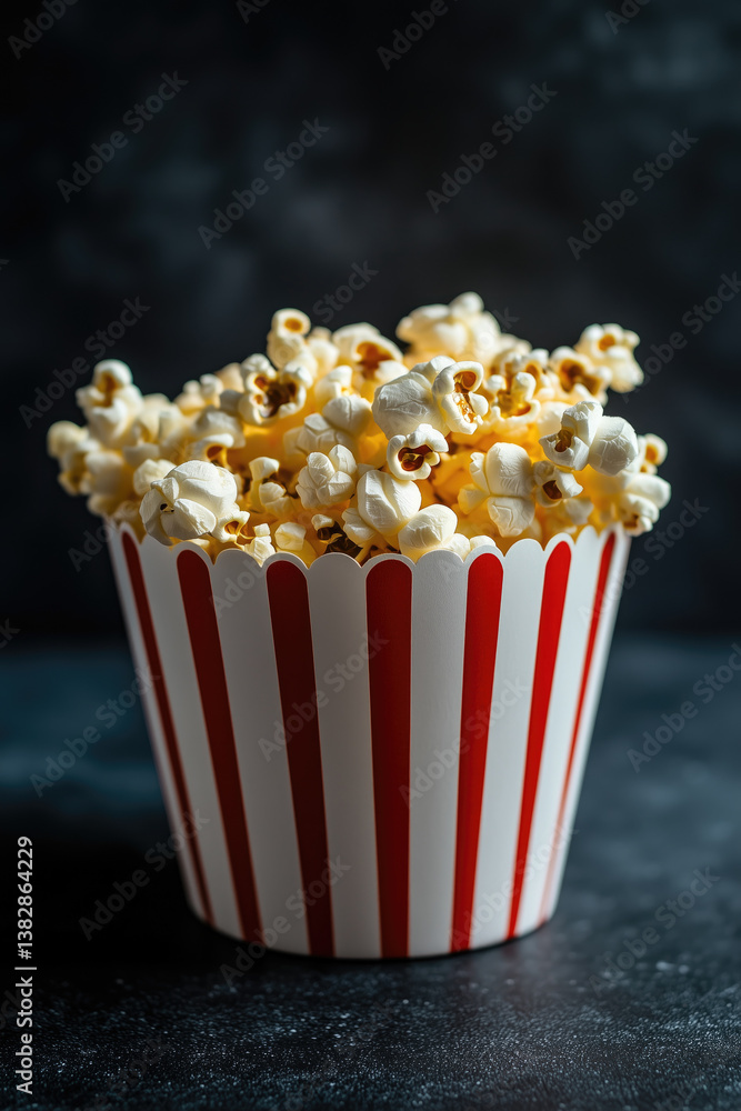 Popcorn in red striped box on a black background.