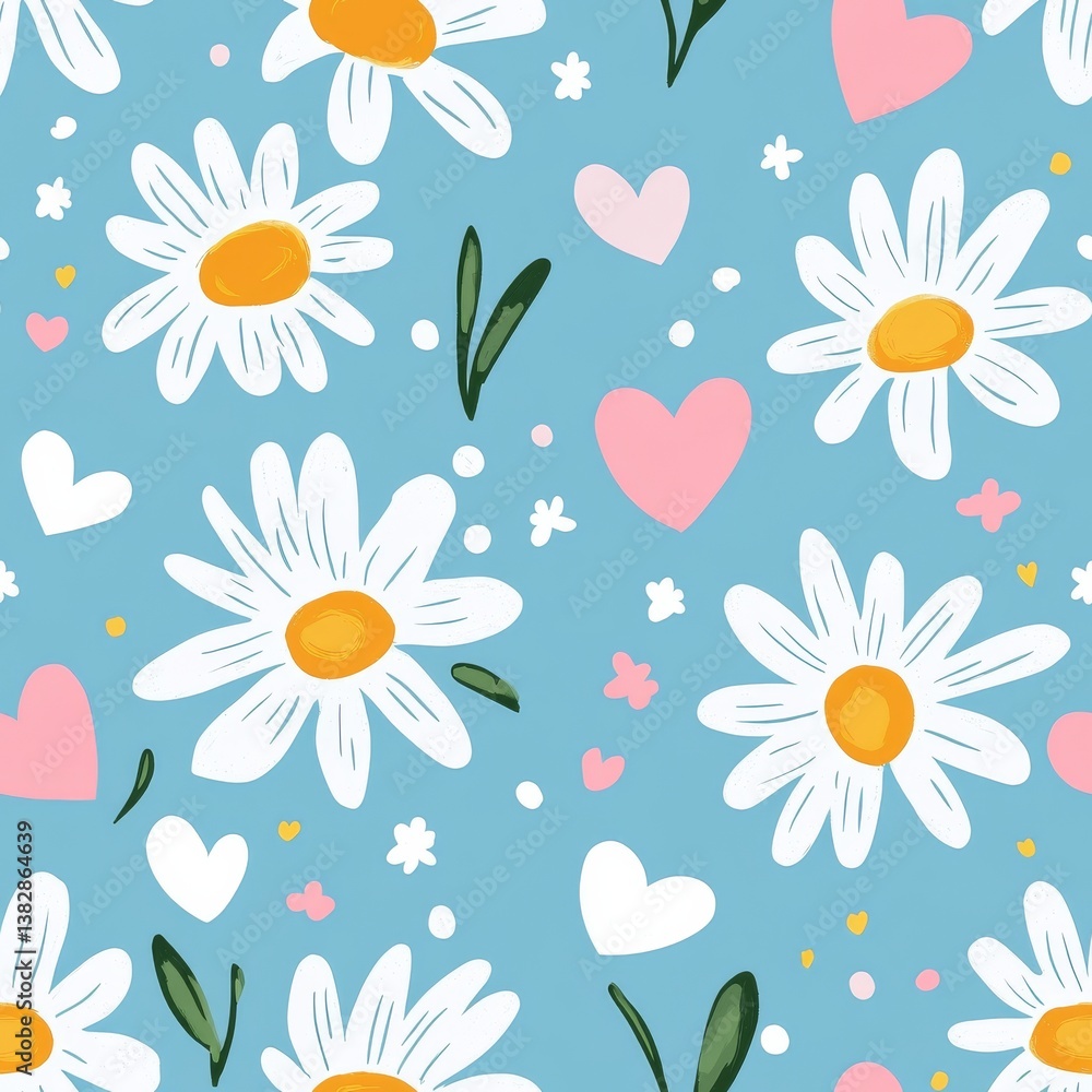 Seamless Pattern Featuring Bright White Daisies and Pink Hearts on a Light Blue Background Seamless Pattern Featuring Bright White Daisies and Pink Hearts on a Light Blue Background