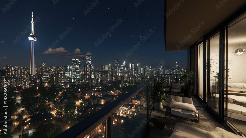 Fototapeta premium A cozy high-rise apartment balcony overlooking the Toronto skyline at night.