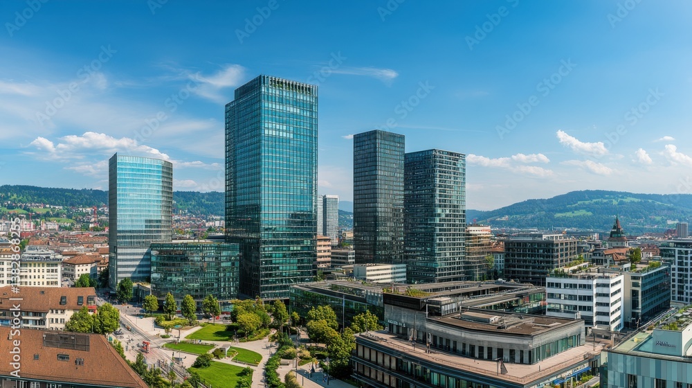 Obraz premium A high-angle view of Zurichs financial district with modern architecture and green spaces.