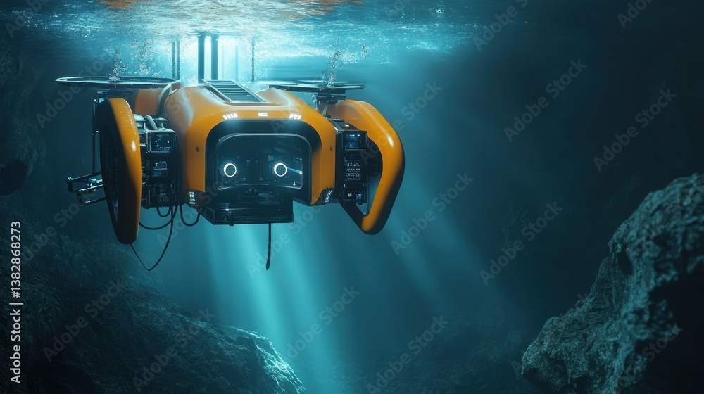 Underwater Drone Exploring Ocean Floor with Light Rays Shining Through