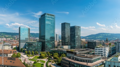 A high-angle view of Zurichs financial district with modern architecture and green spaces.