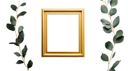 Golden frame with Eucalyptus leaves decoration on a black background, cut out transparent