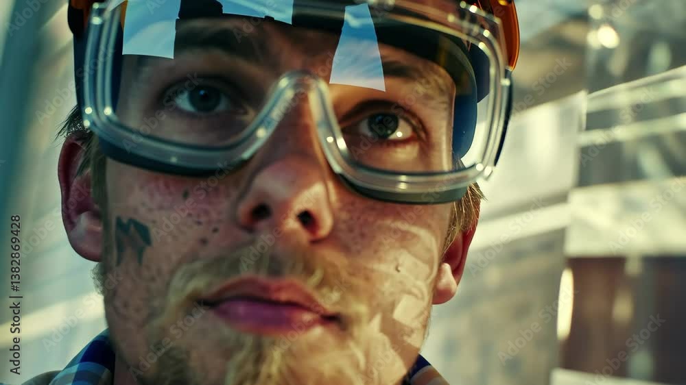 The young worker, wearing goggles and a plaid shirt, looks thoughtfully at the wall, illuminated by sunlight filtering through the environment, reflecting on his tasks. The young worker, wearing goggles and a plaid shirt, looks thoughtfully at the wall, illuminated by sunlight filtering through the environment, reflecting on his tasks.