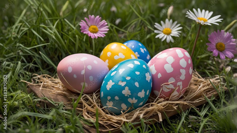 Five painted easter eggs celebrating a Happy Easter with a rustic wooden bench & green meadow grass to place products in front Five painted easter eggs celebrating a Happy Easter with a rustic wooden bench & green meadow grass to place products in front