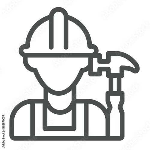 Builder man and hammer line icon, construction concept. Vector graphics. Worker with hammer tool sign on white background, outline style icon for mobile or web design.
