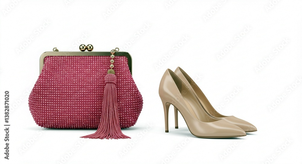 Sparkling Pink Rhinestone Clutch Purse and Beige High Heels Elegant Women s Fashion Accessories Sparkling Pink Rhinestone Clutch Purse and Beige High Heels Elegant Women s Fashion Accessories