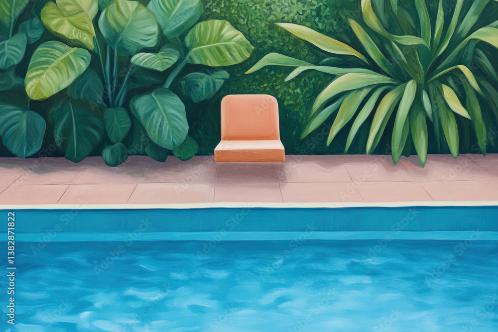 Fototapeta premium Colorful chair beside a tranquil pool in a garden setting
