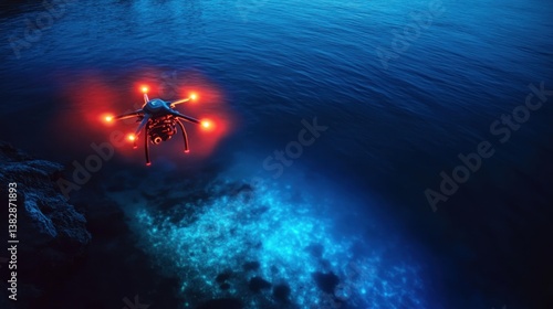 Drone Flying Over Ocean Water at Night with Bioluminescence Glow