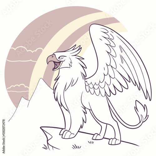 Fluffy Cartoon Griffin with Oversized Wings and Cute Eyes