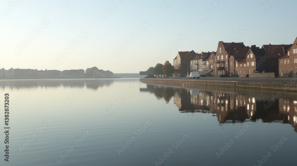 Fototapeta premium A quiet sunrise over the water in Copenhagen, reflecting its charming cityscape.
