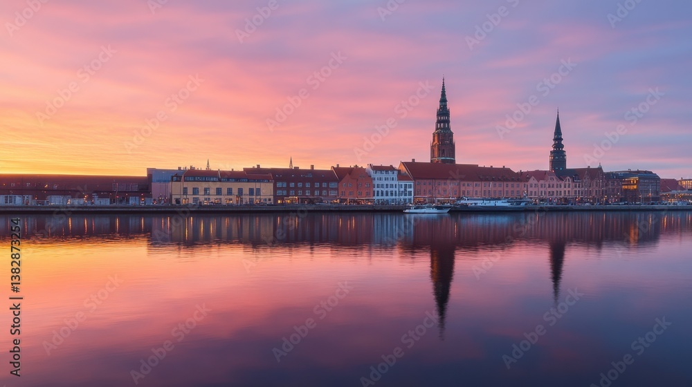 Obraz premium A quiet sunrise over the water in Copenhagen, reflecting its charming cityscape.