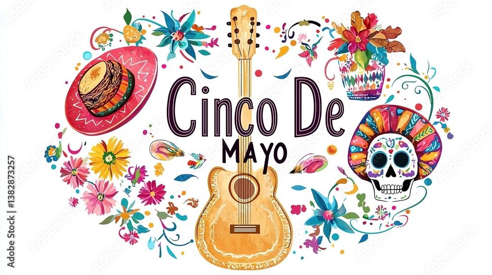 Fototapeta premium Colorful Cinco de Mayo vector illustration featuring a guitar, festive flowers, and traditional skulls on a clean white background with bold 