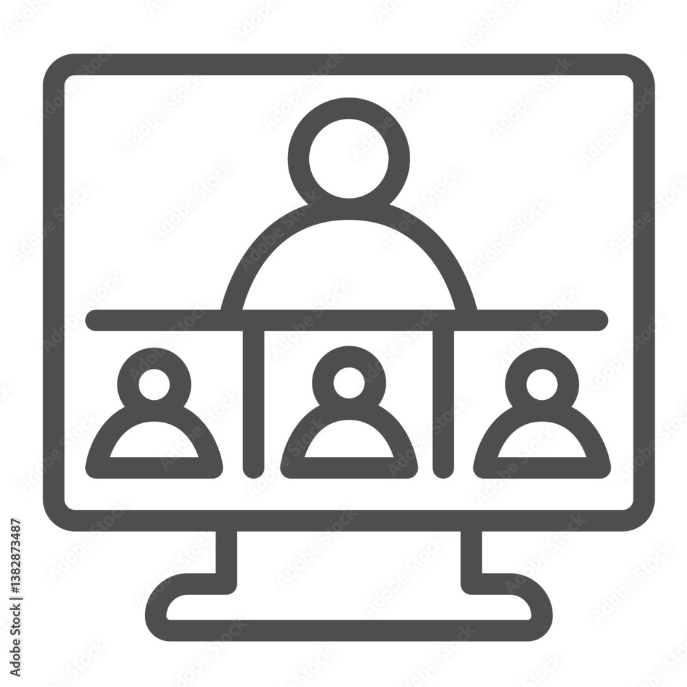 Monitor and user conference app line icon, remote work concept. Vector graphics. Display with online team, video call sign on white background, outline style icon for mobile or web design. Monitor and user conference app line icon, remote work concept. Vector graphics. Display with online team, video call sign on white background, outline style icon for mobile or web design.