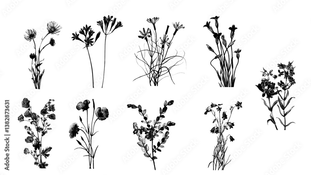 Naklejka premium A romantic black and white floral clip art cutout featuring delicate petals and subtle greenery, designed on a transparent background. Valentine-themed designs