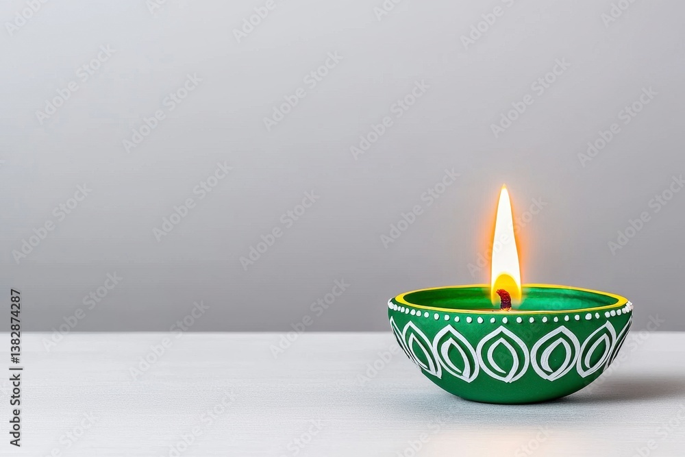 Lighted Green Diya with White Pattern on White Surface Lighted Green Diya with White Pattern on White Surface
