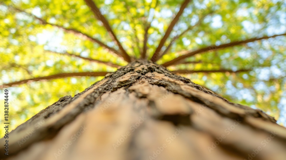 Fototapeta premium Upward view of tree trunk against bright green foliage
