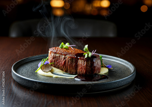 Gourmet steak dish served with creamy puree and microgreens on black plate in warm ambient light, showcasing elegant food styling, culinary art and fine dining in upscale restaurant setting