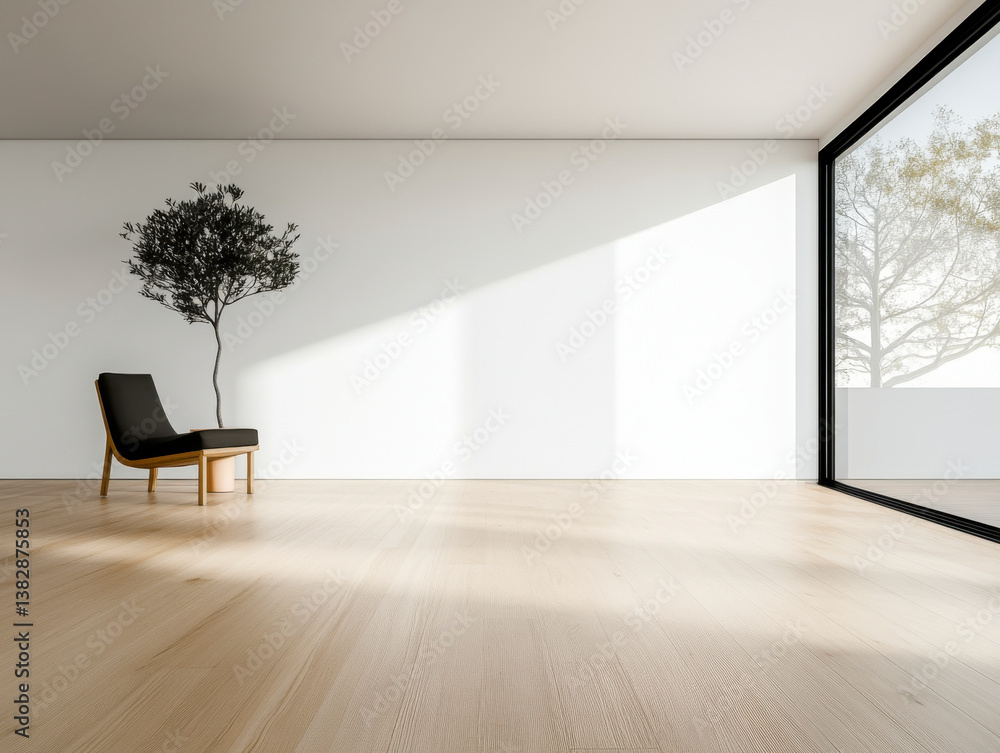 Fototapeta premium Minimalist living room interior with tree and chair in natural light, clean white walls and wooden floor, ideal for modern architecture, Scandinavian design and peaceful indoor atmosphere