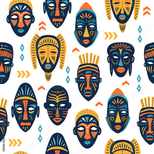 Seamless pattern of ritual masks of African ethnic tribes of various shapes
