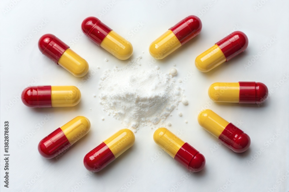 Red and Yellow Capsules Arranged Around Powdered Substance Red and Yellow Capsules Arranged Around Powdered Substance