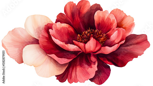 Fototapeta Naklejka Na Ścianę i Meble -  Watercolor red peony flower, close-up artistic painting, romantic floral, cut out transparent