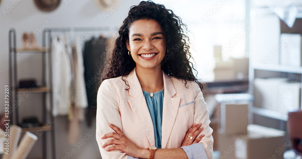 © peopleimages.com - Portrait, small business or woman with arms crossed, fashion company or designer with supply chain. Face, person or entrepreneur with smile, confidence or logistics with textile workshop or pride