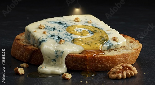Close up of blue cheese with honey and walnuts on bread against a dark background in soft lighting
