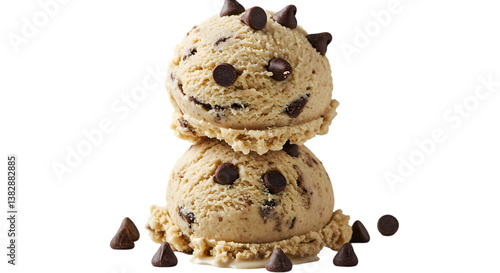 A close up shot of two scoops of chocolate chip cookie dough ice cream stacked on top of each other nicely