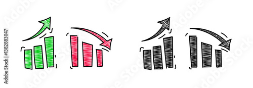 Doodle arrow up and down infographic. Cartoon infographic growth and decline icons. Hand drawn arrow up and down line and line style symbols. Stock vector illustration