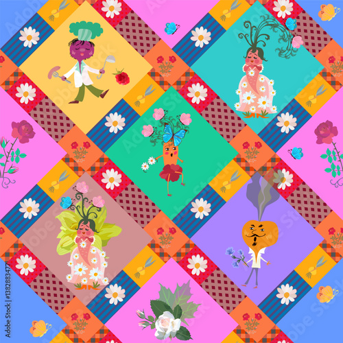 Funny patchwork pattern for kids with cute cartoon characters - vegetables ca...