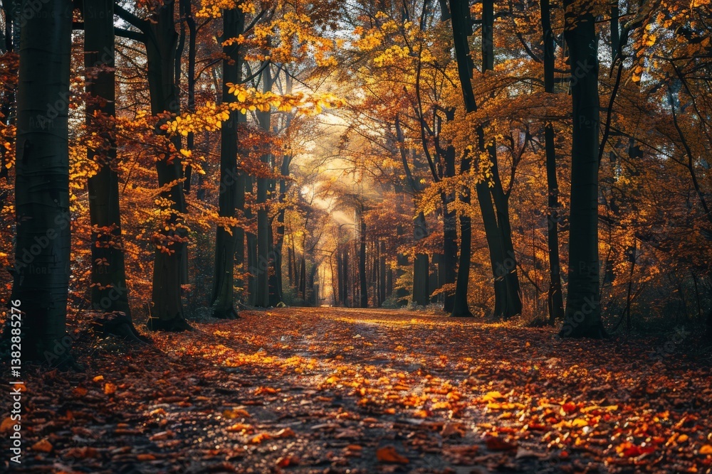 Golden autumn leaves cover a tranquil forest path near sunset Golden autumn leaves cover a tranquil forest path near sunset