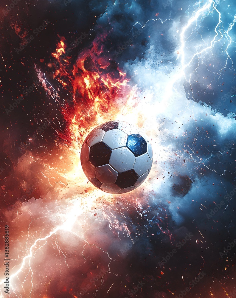 Naklejka premium Dramatic Soccer Ball Surrounded by Fiery Flames and Electric Lightning for Sports Energy Concept