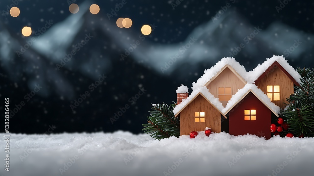 Naklejka premium Cozy houses sit nestled in snow, mountains backdrop, lights aglow creating a winter wonderland scene
