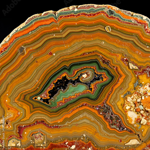 Vibrant layers of swirling minerals and crystals in a polished metamorphic rock specimen, showcasing the dramatic transformation of ancient sedimentary or igneous rock.