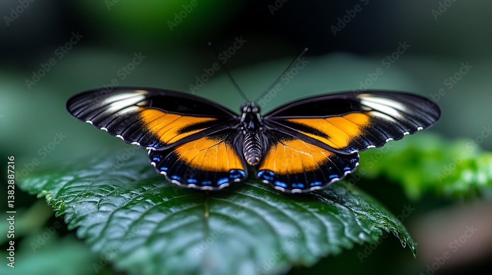 Naklejka premium Vibrant Orange Butterfly on Green Leaf with Tropical Nature.