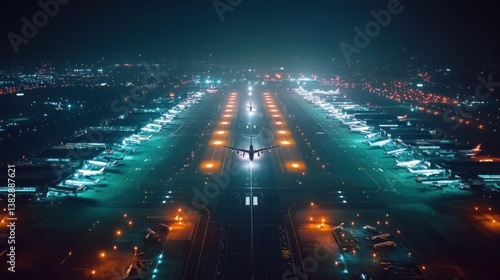 Airplane Landing on Airport Runway at Night with City Lights