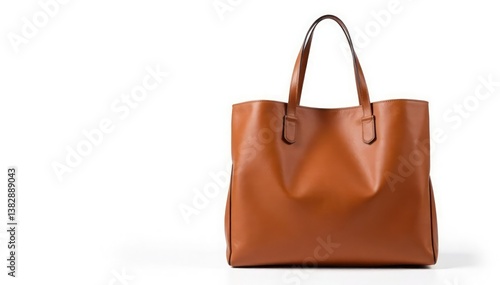 Brown leather tote bag, isolated on white background, purse, white background, classic bag