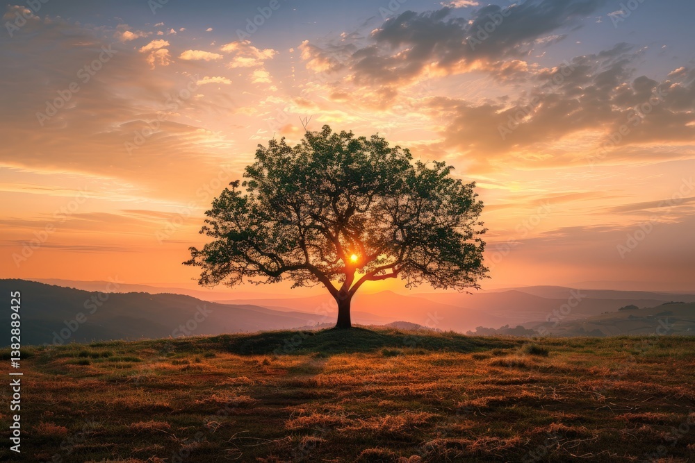 Beautiful sunset behind a solitary tree on a hillside with tranquil mountains in the background Beautiful sunset behind a solitary tree on a hillside with tranquil mountains in the background