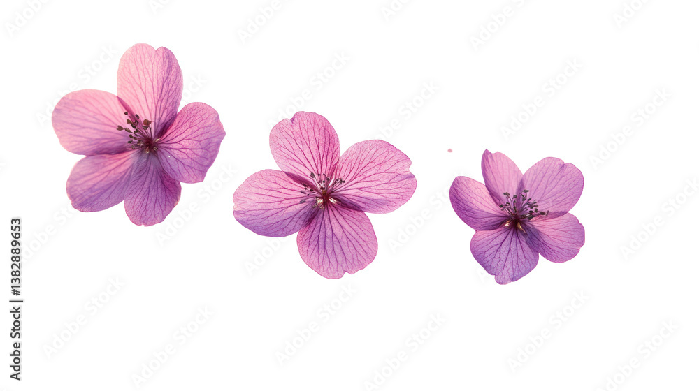 Fototapeta premium Delicate Cherry Blossoms: A trio of soft pink cherry blossoms, each with intricate petal details, float gracefully, capturing the gentle beauty of spring and the delicate nature of growth. 